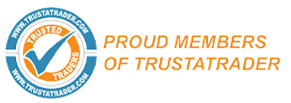 Logo featuring a blue and orange circle with a check mark, accompanied by the text "Proud Members of TrustATrader.