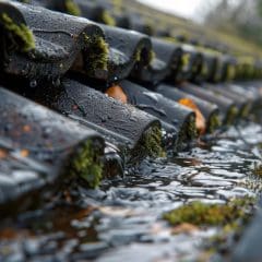 Close-up of a rooftop with dark, rain-soaked tiles, partially covered in moss. Water flows through the grooves, with a few leaves scattered around. The background is blurred, focusing on the texture and vibrant colors of the tiles and moss.