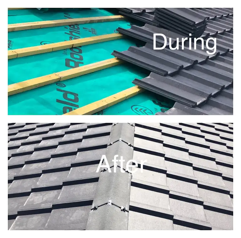 Split image showing roof installation stages. Top: Stacked grey tiles on a green underlayer with wooden battens, labeled "During." Bottom: Completed roof with neatly arranged grey tiles, labeled "After.