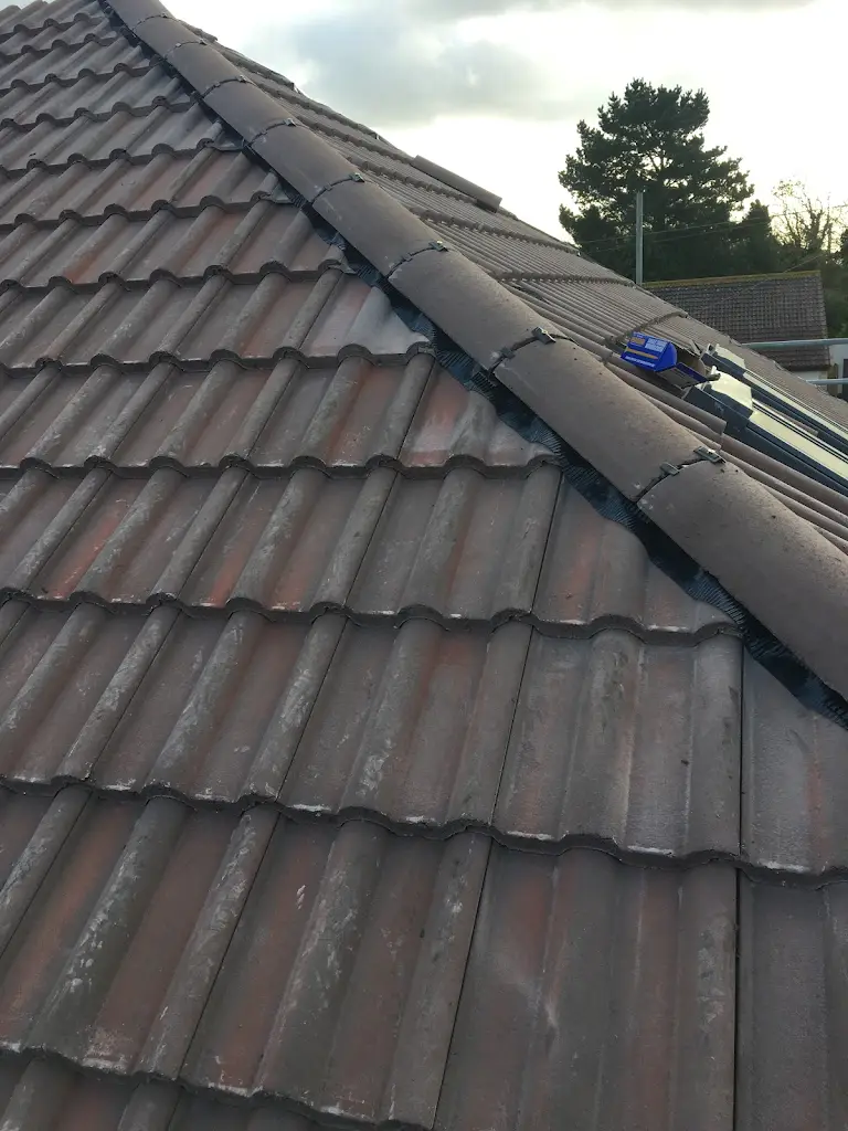 Close-up view of a rooftop with brown, weathered tiles and a ridge board. A blue measuring tape is visible near the edge. Trees and cloudy sky are in the background.